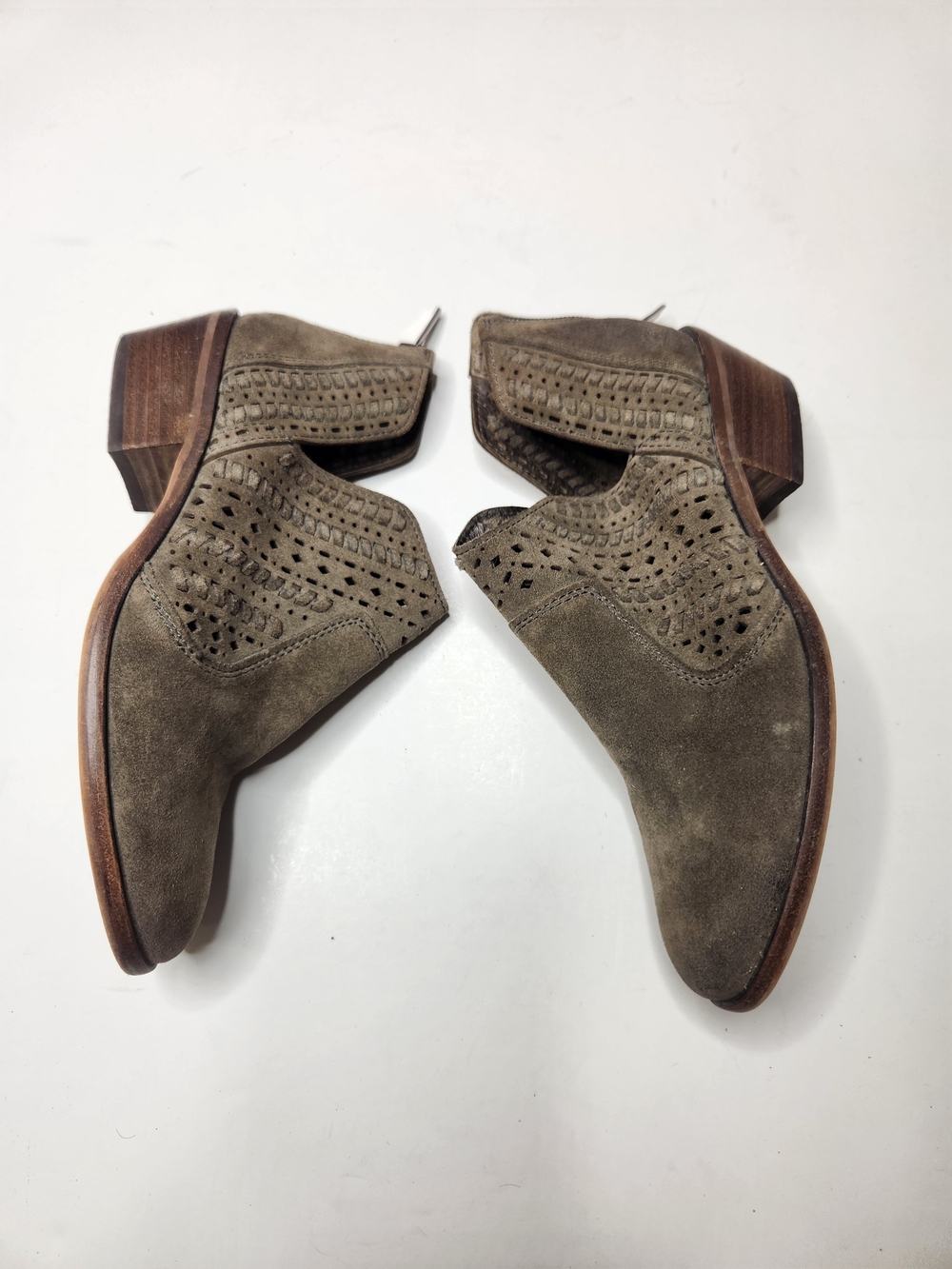Vince Camuto Olive Taupe Suede Laser-Cut Ankle Booties - Picture 4 of 7